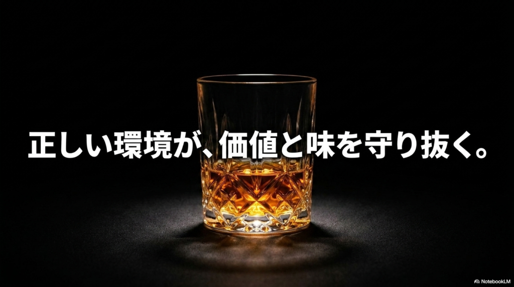 正しい保管環境がウイスキーの価値と味を守り抜くという結びのメッセージ