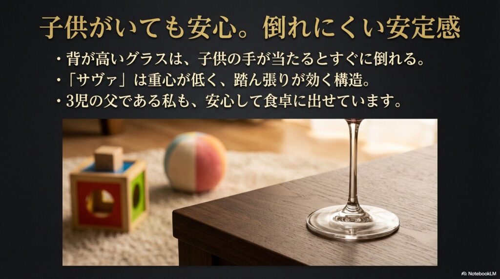 背が高いグラスと違い、サヴァは重心が低く踏ん張りが効く構造のため、3児の父でも安心して食卓に出せる