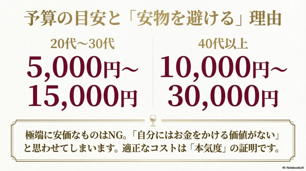 極端に安価なものは自分にはお金をかける価値がないと思わせてしまうためNG。適正なコストは本気度の証明