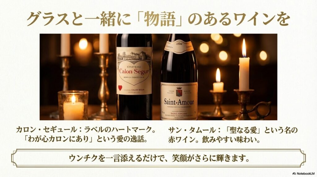 ラベルのハートマークが特徴のカロン・セギュールや、聖なる愛という名のサン・タムールなど、ウンチクを一言添えるだけで笑顔が輝く