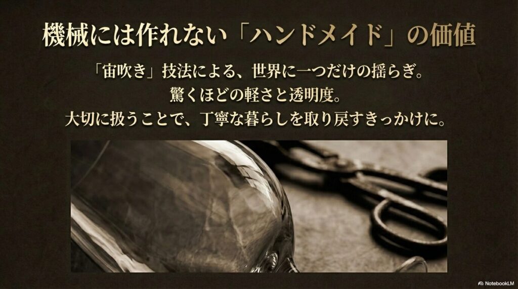 宙吹き技法による世界に一つだけの揺らぎと驚くほどの軽さと透明度。大切に扱うことで丁寧な暮らしを取り戻すきっかけに
