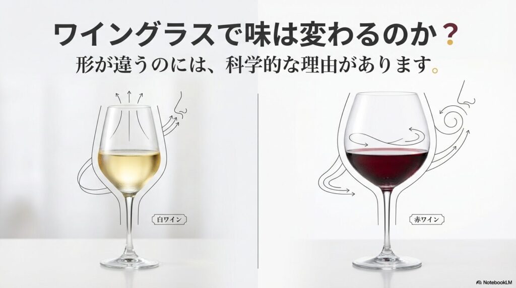 ワイングラスの形状が香りの流れを変え、白ワインと赤ワインの味わいを変化させる仕組みを図解したイラスト