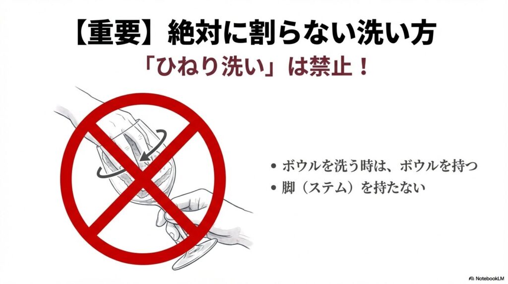 ワイングラスを洗う際に「ひねり洗い」をしてはいけないことを示すバツ印のついたイラスト。ボウルを持って洗うのが正解