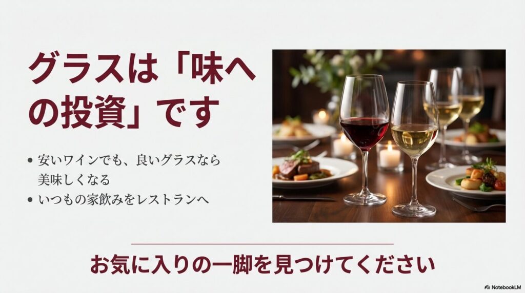 良いグラスを使うことで安いワインも美味しくなり、家飲みがレストランのようになることを伝えるイメージ画像