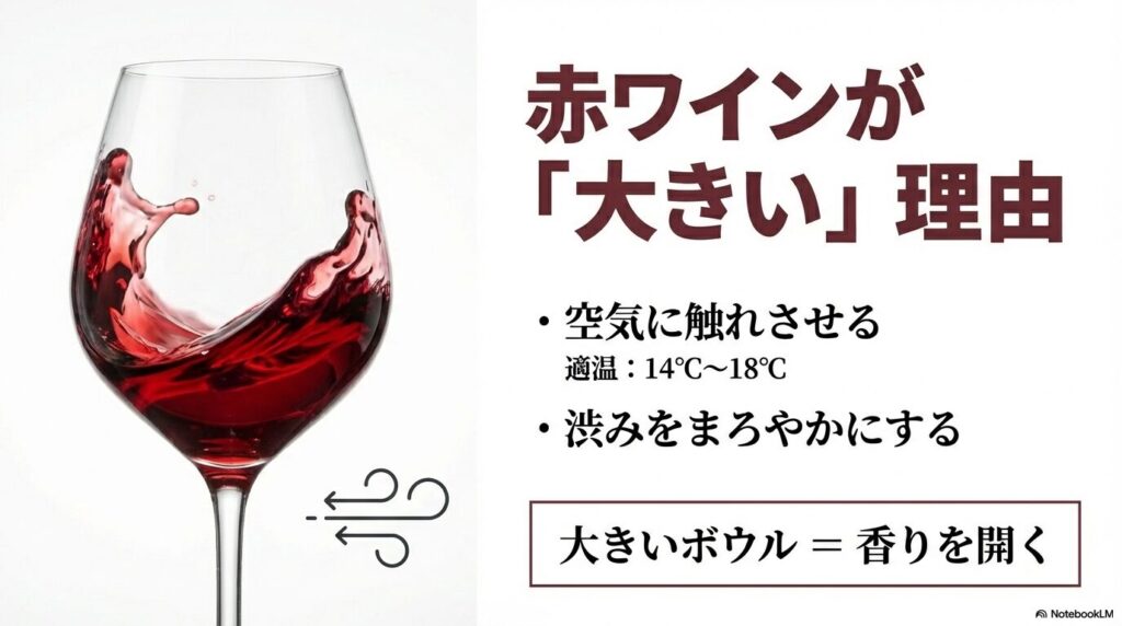 赤ワイングラスが大きいのは空気に触れさせて香りを開き、渋みをまろやかにするためという解説図。適温は14〜18℃。