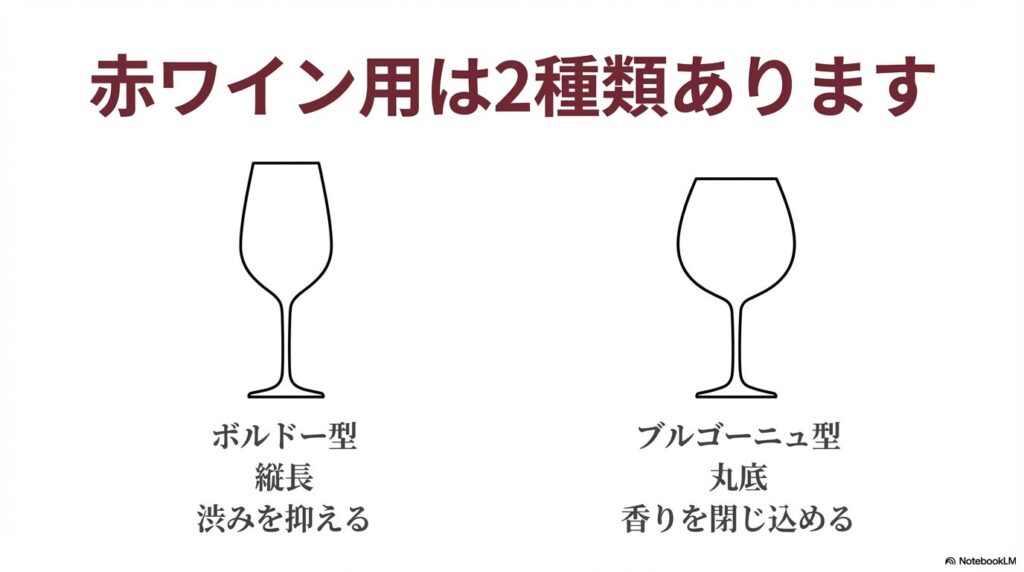 縦長のボルドー型グラスと丸底のブルゴーニュ型グラスのシルエット比較図