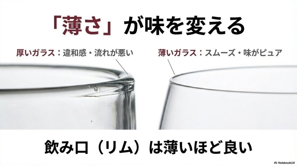グラスの飲み口(リム)が薄いほど違和感がなく、ワインの味がピュアに感じられることを説明した拡大図