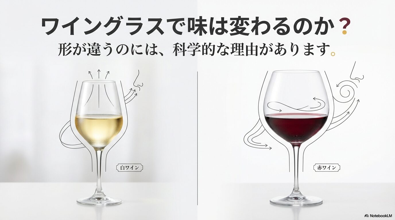 ワイングラスの形状が香りの流れを変え、白ワインと赤ワインの味わいを変化させる仕組みを図解したイラスト