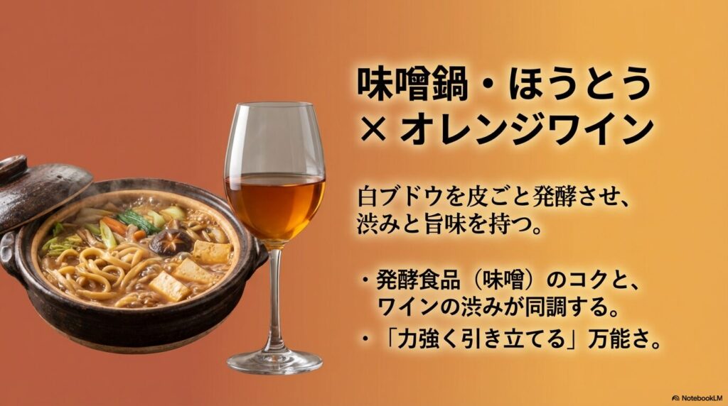 味噌の発酵した旨味とオレンジワインの渋みの同調解説