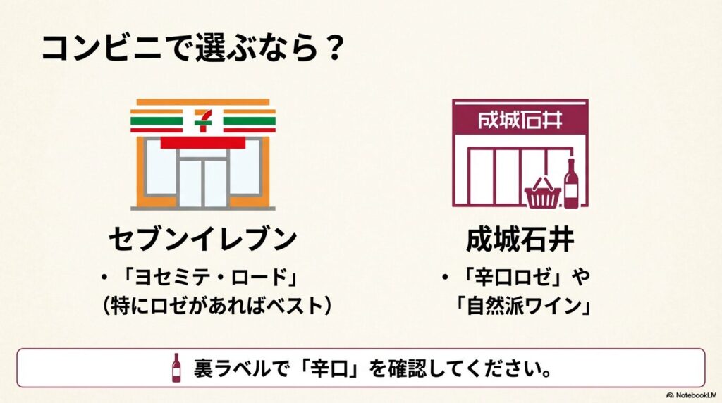 セブンイレブンと成城石井のロゴイメージと推奨ワインの選び方