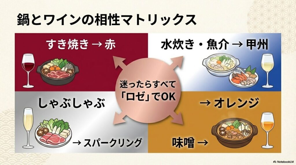 鍋の種類別おすすめワイン（赤・白・ロゼ・オレンジ）の早見表