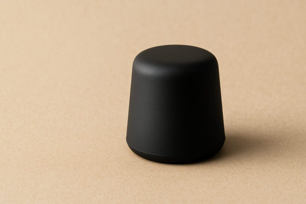 ベージュの背景に置かれた黒いシリコン製ワインキャップのクローズアップ写真