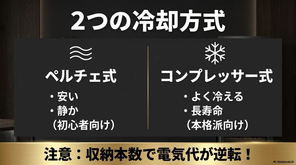 安価で静かなペルチェ式と、よく冷え長寿命なコンプレッサー式の違い、および収納本数による電気代逆転の注意点