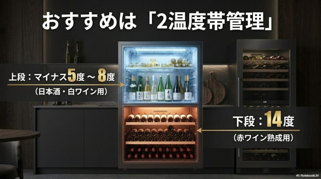 上段をマイナス5度〜8度に設定して日本酒や白ワイン用、下段を14度に設定して赤ワイン熟成用として分ける2温度帯管理のおすすめ設定