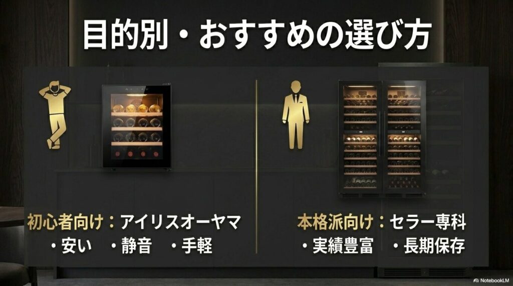 初心者向けには安くて静音なアイリスオーヤマ、本格派向けには実績豊富で長期保存に向くセラー専科という目的別の選び方