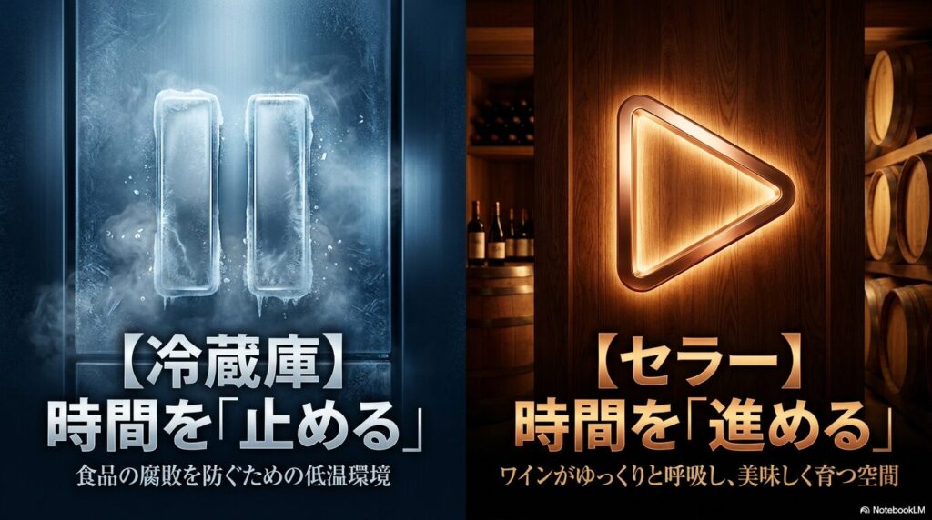 ワインセラーと冷蔵庫の目的の違い(時間を進めるか、時間を止めるか)