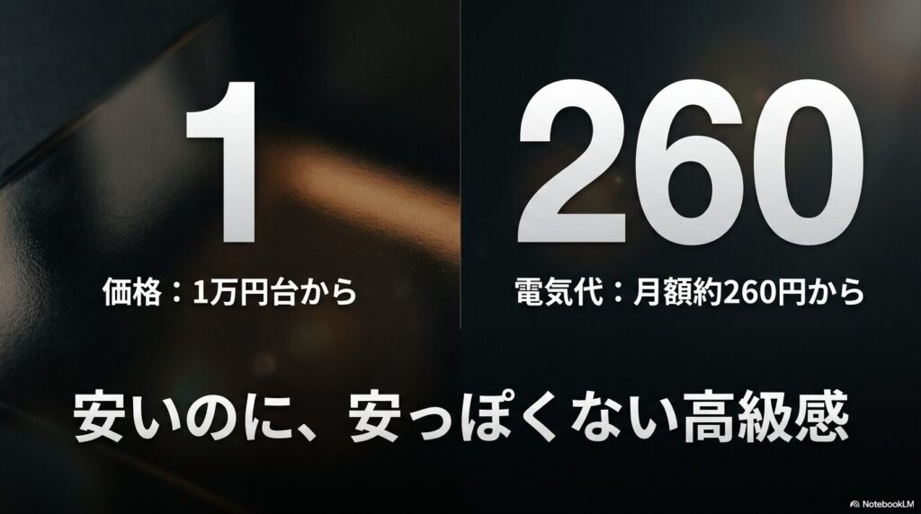 価格は1万円台から、電気代は月額約260円から。 安いのに安っぽくない高級感が魅力