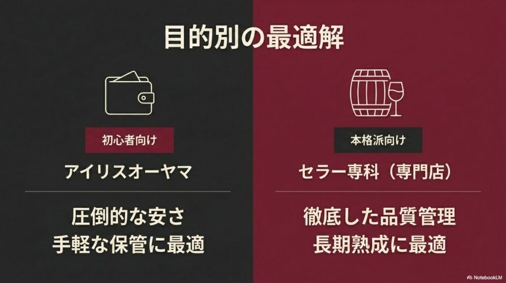 初心者向けには圧倒的な安さのアイリスオーヤマ、本格派向けには長期熟成に最適な専門店セラー専科がおすすめであることの解説