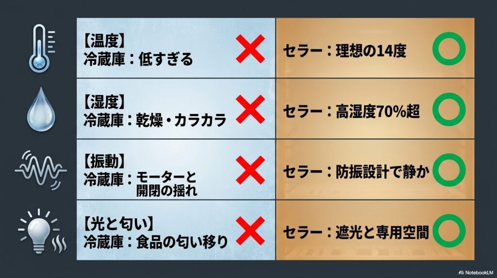ワインセラーと冷蔵庫の保管環境の比較表(温度・湿度・振動・光・匂い)