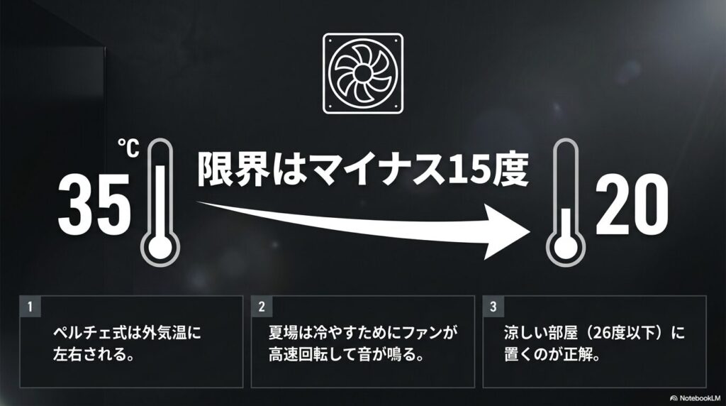ペルチェ式は外気温に左右され、冷却限界はマイナス15度。 夏場はファンが高速回転して音が鳴るため、26度以下の涼しい部屋に置くのが正解