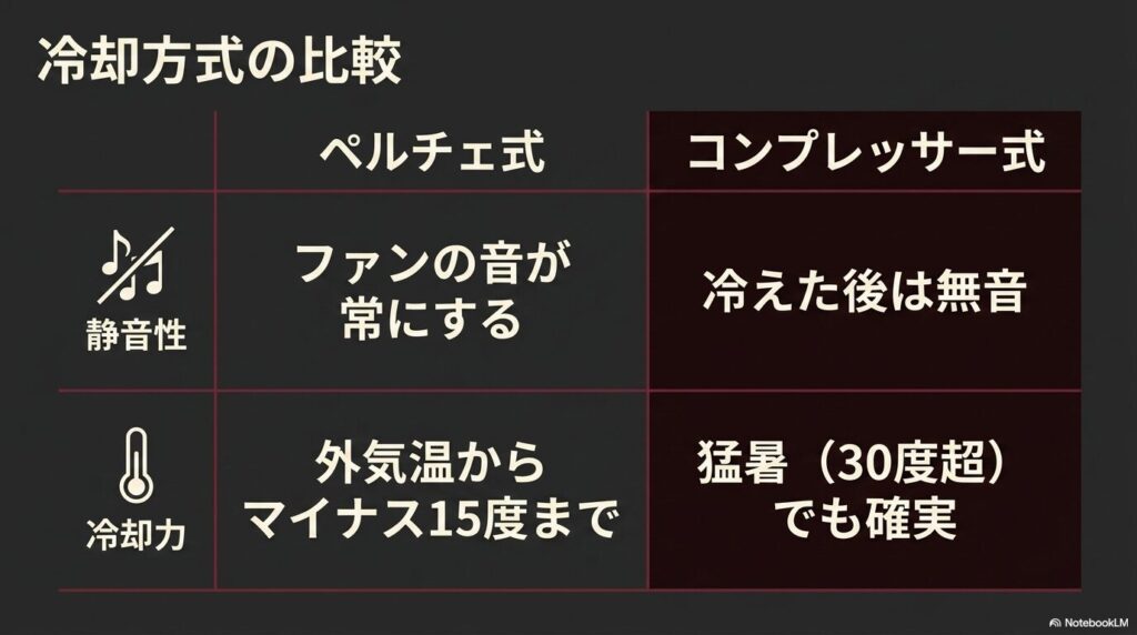 ペルチェ式(ファンの音が常にする)とコンプレッサー式(冷えた後は無音)の静音性と冷却力を比較した表