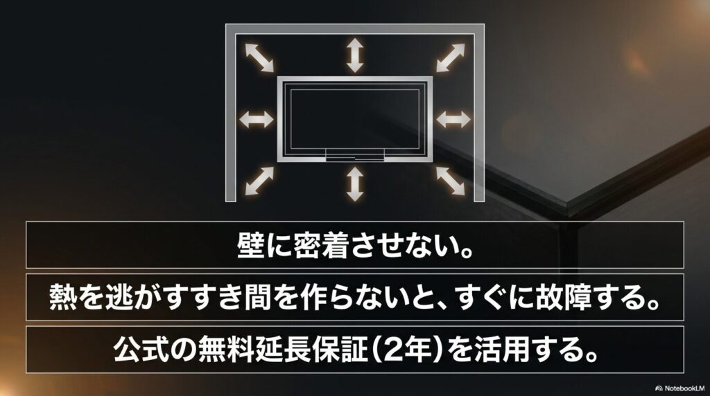 壁に密着させず熱を逃がすすき間を作らないとすぐに故障する。 公式の無料延長保証(2年)を活用すること