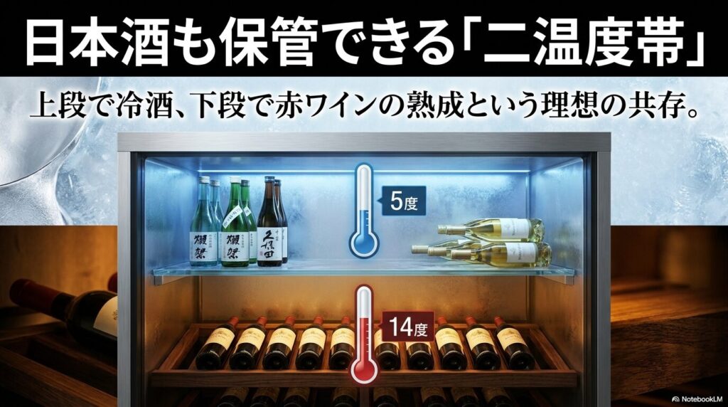 日本酒の冷酒と赤ワインの熟成を両立する二温度帯ワインセラー