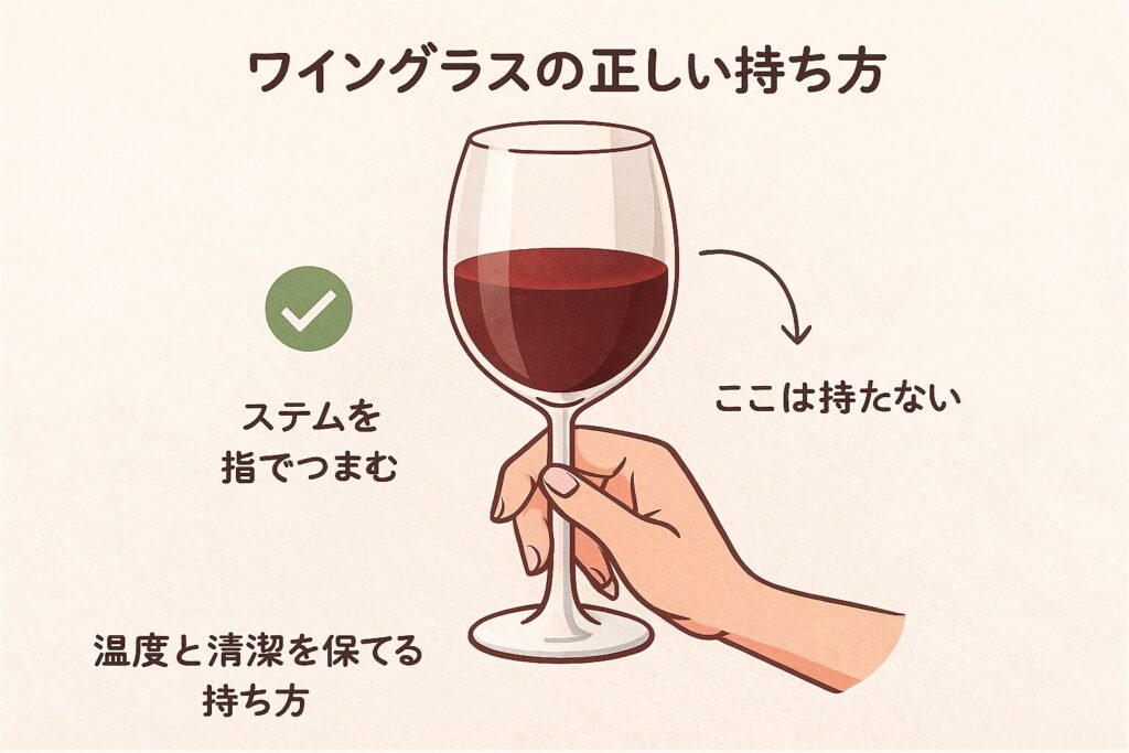 ワイングラスの正しい持ち方を日本語で示した図解