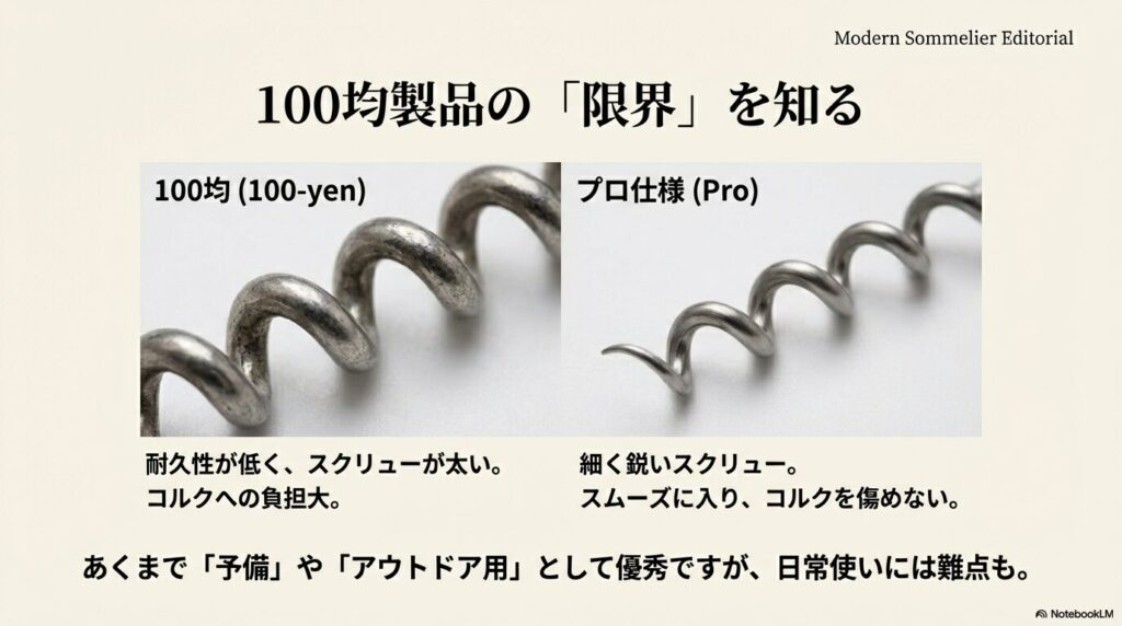 100均の太いスクリューと、プロ仕様の細く鋭いテフロン加工スクリューの拡大比較画像。