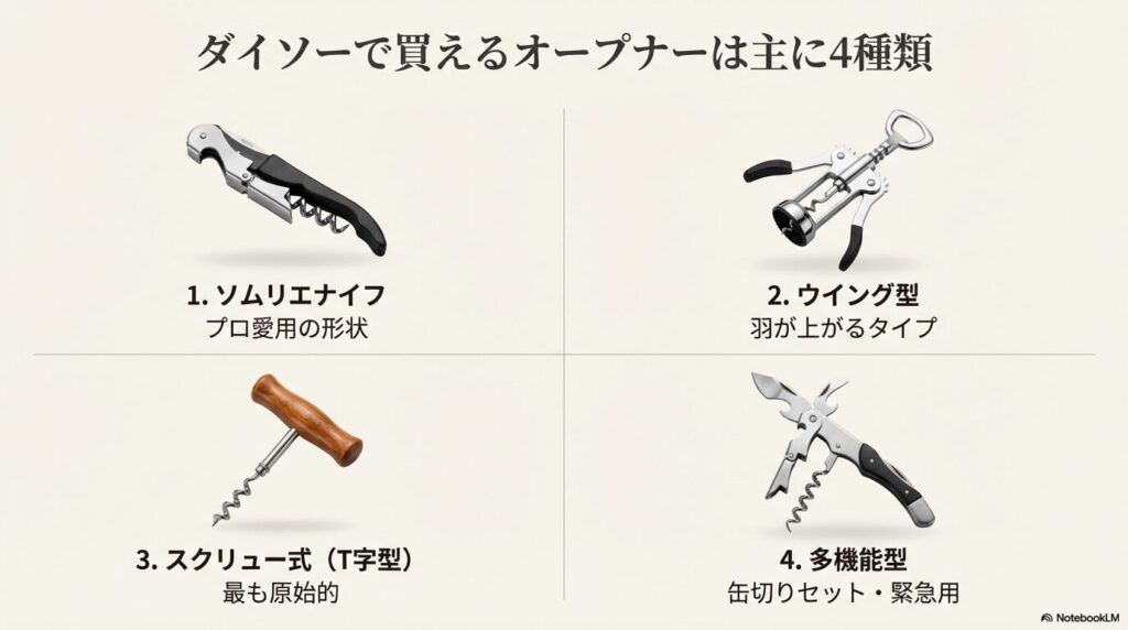 ソムリエナイフ、ウイング型、スクリュー式（T字型）、多機能型の4種類のオープナーの画像と名称。