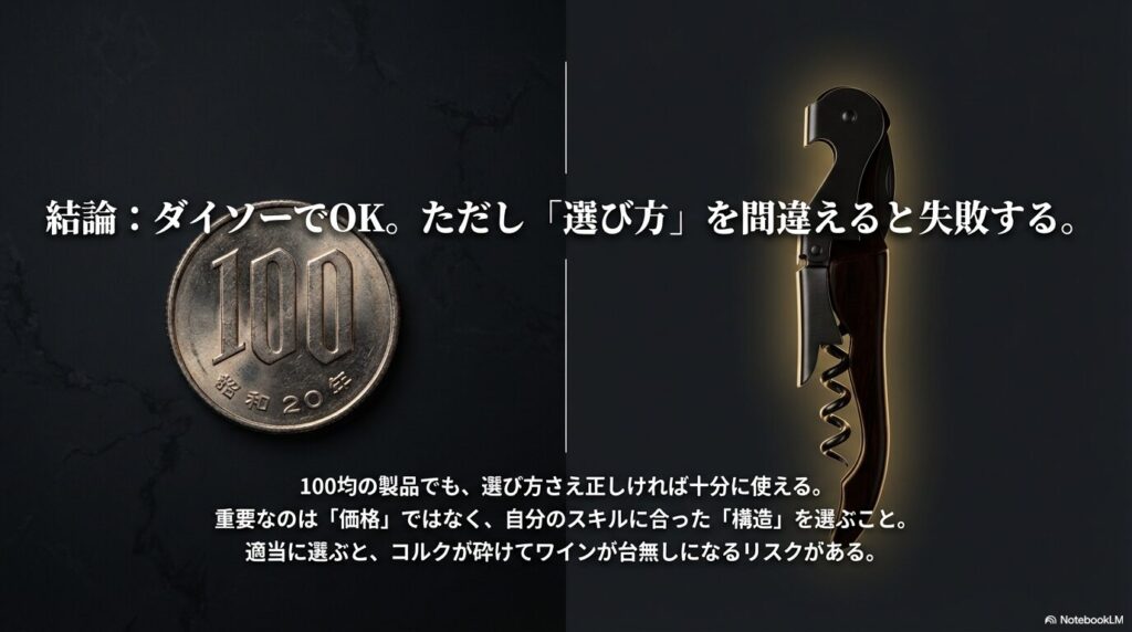 100均製品でもスキルに合った構造を選べば十分に使えるという結論を示す画像