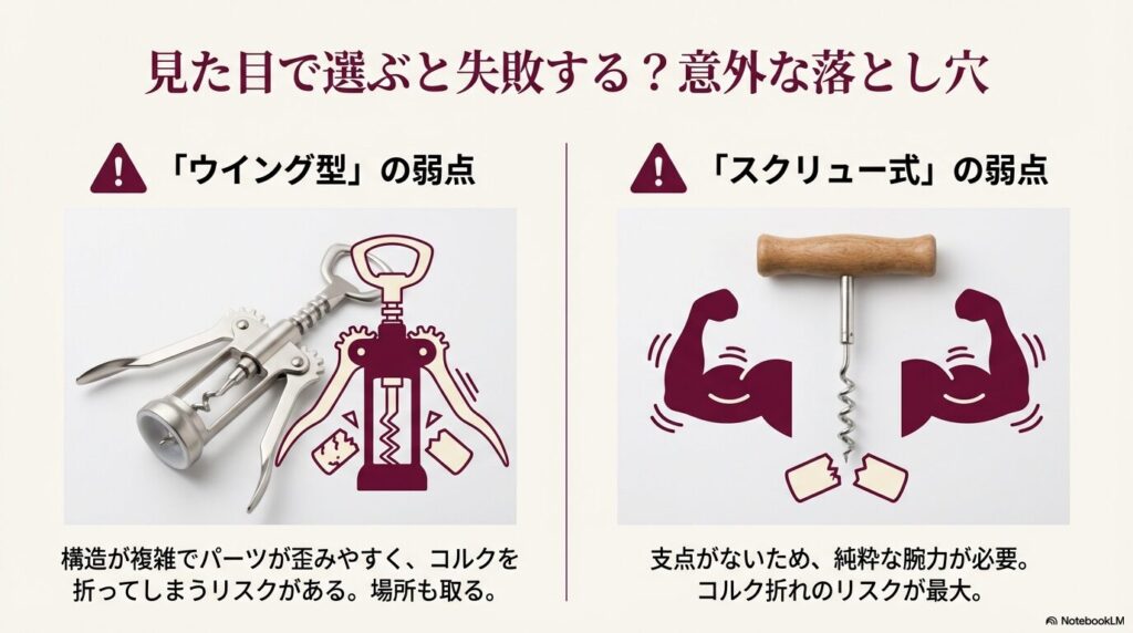 ウイング型は構造が複雑でコルク折れのリスクがあること、スクリュー式は支点がなく腕力が必要であることを説明するイラスト。