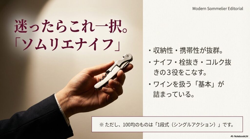 ソムリエナイフが収納性・携帯性に優れ、ナイフ・栓抜き・コルク抜きの3役をこなすことを示すスライド。