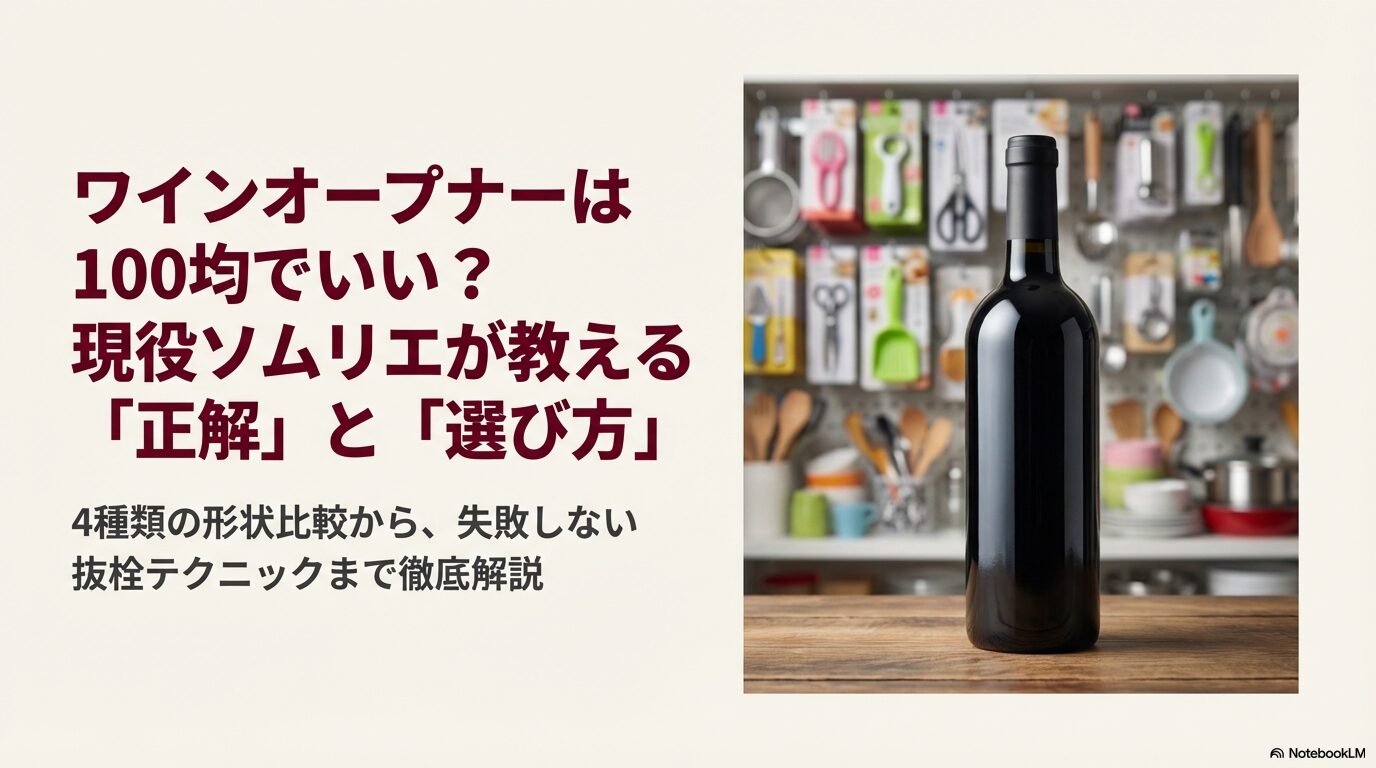 ワインボトルの背景に「ワインオープナーは100均でいい？現役ソムリエが教える正解と選び方」と書かれたアイキャッチ画像。