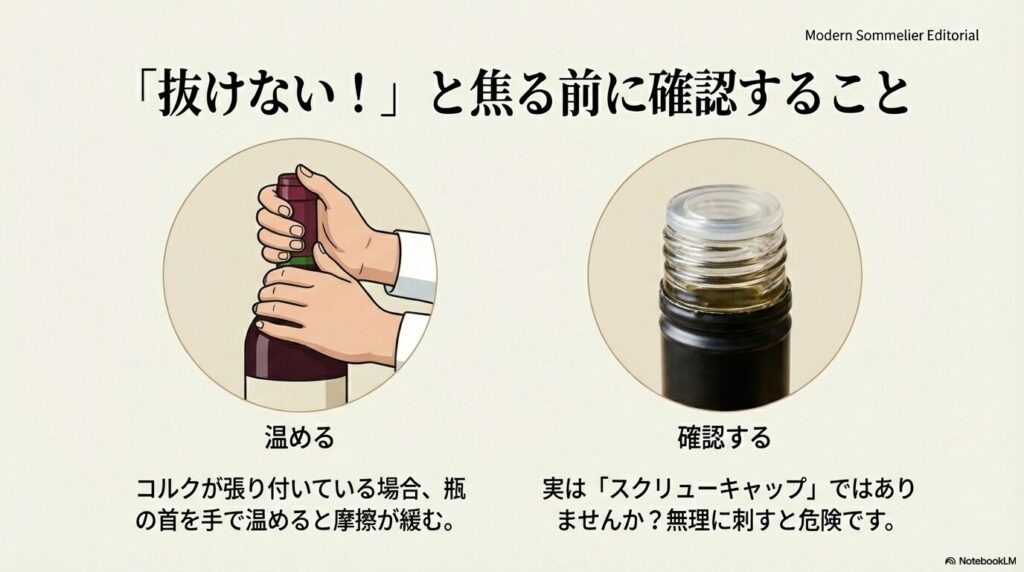瓶の首を温めて摩擦を緩める方法と、スクリューキャップでないか確認する注意喚起。