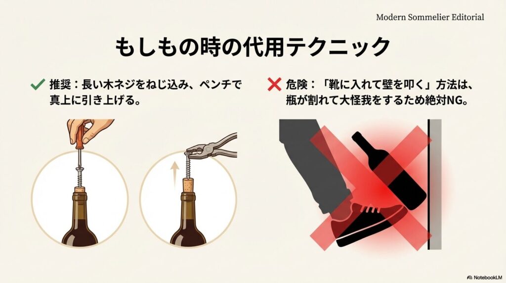 長い木ネジとペンチで代用する方法の推奨と、靴に入れて壁を叩く方法の危険性を説明する図。