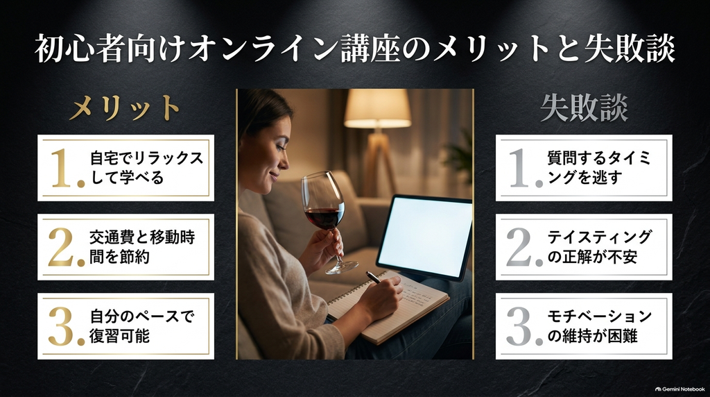 初心者向けオンライン講座のメリット（自宅で学べる等）と失敗談（モチベーション維持等）