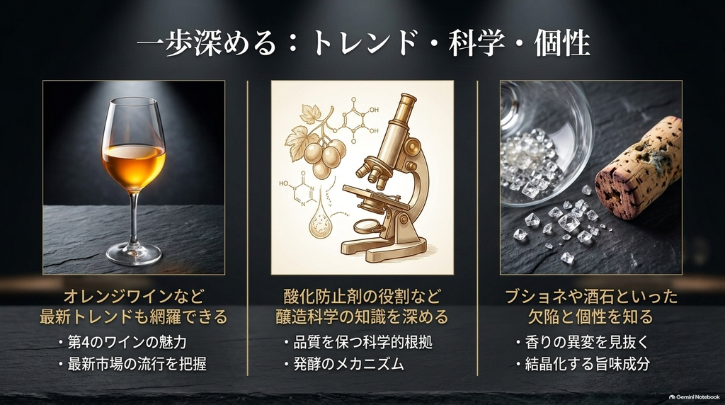 オレンジワインなどの最新トレンド、酸化防止剤の役割、ブショネや酒石といった欠陥と個性