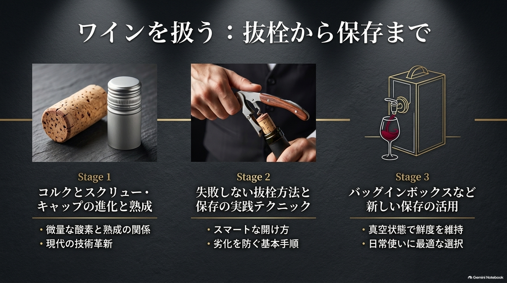 コルクとスクリューキャップの進化、抜栓方法、バッグインボックスなど新しい保存の活用