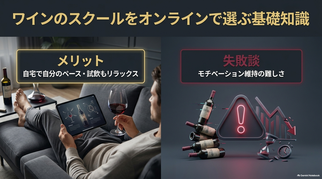 左側に「メリット：自宅で自分のペース・試飲もリラックス」と書かれ、ソファでワインを飲みながらパソコンを見る人のイラスト、右側に「失敗談：モチベーション維持の難しさ」と書かれ、ワインボトルと警告マークのイラストが描かれたスライド画像