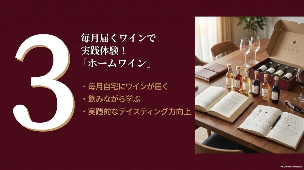 毎月届くワインで実践体験できるホームワインの特徴（毎月自宅にワインが届く、飲みながら学ぶ、実践的なテイスティング力向上）を解説するスライド