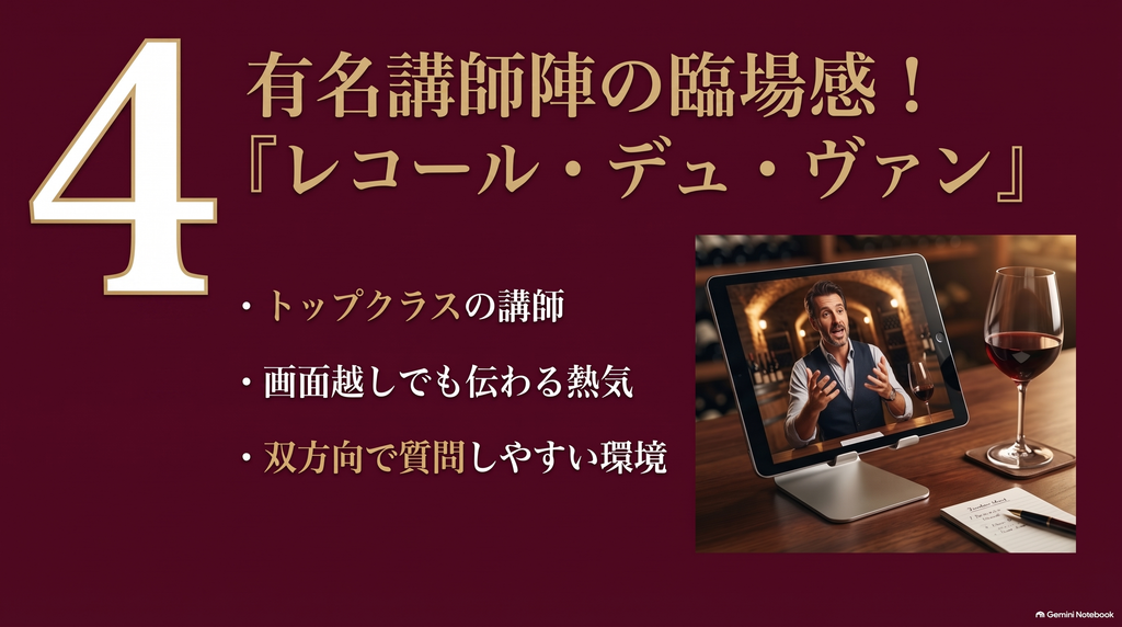 有名講師陣の臨場感が魅力のレコール・デュ・ヴァンの特徴（トップクラスの講師、画面越しでも伝わる熱気、双方向で質問しやすい環境）を解説するスライド