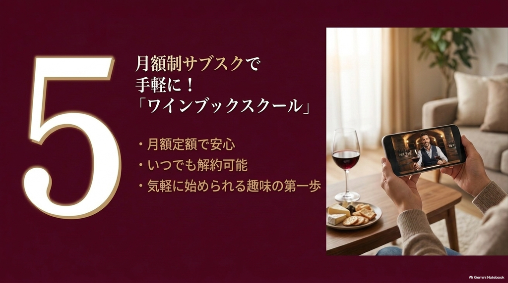 月額制サブスクで手軽なワインブックススクールの特徴（いつでも解約可能、気軽に始められる趣味の第一歩）を解説するスライド