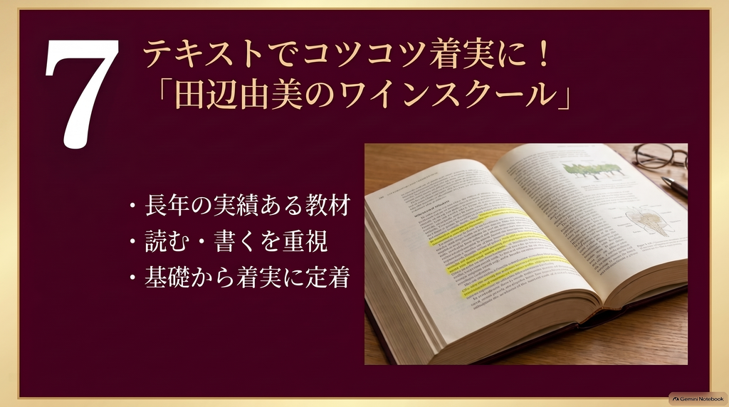 テキストでコツコツ着実に学べる田辺由美のワインスクールの特徴（長年の実績ある教材、読む・書くを重視、基礎から着実に定着）を解説するスライド