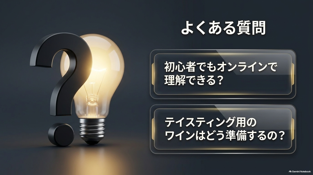「? よくある質問」というタイトルの下、「初心者でもオンラインで理解できる?」、「テイスティング用のワインはどう準備するの?」という2つの質問が書かれたスライド画像