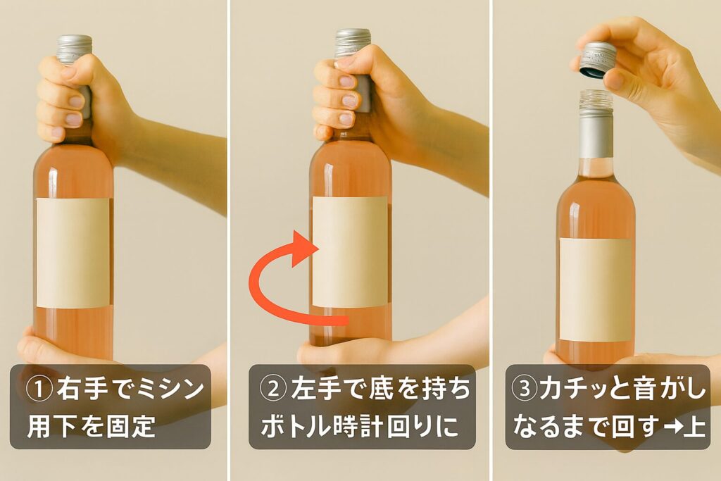 ワインボトルのスクリューキャップ開栓手順を示す3コマ画像。①右手でミシン目下を固定、②左手で底を持ち時計回りに回す、③キャップを外す手順が分かりやすく表示されている