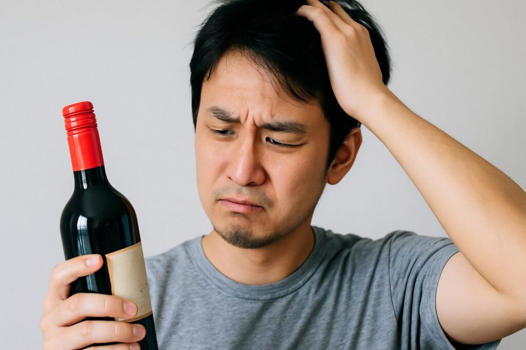 スクリューキャップ付きのワインボトルを持ち、頭を抱えて困っている表情の日本人男性
