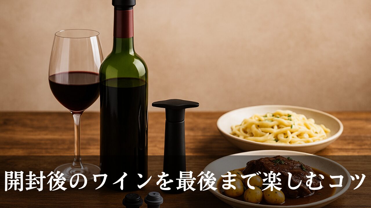背の高い赤ワインボトルとワイングラス、保存グッズ、煮込み料理とパスタの皿が並ぶ様子