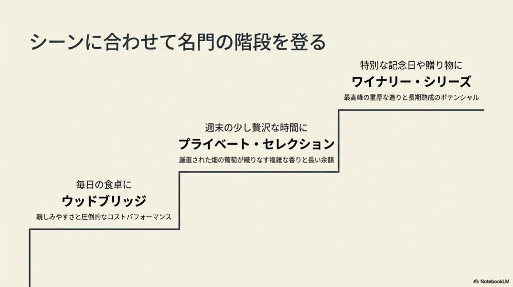 シーンに合わせたワイン選び。ウッドブリッジ、プライベート・セレクション、ワイナリー・シリーズの違いと特徴