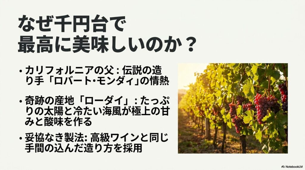 カリフォルニアの太陽と海風による完熟、名門モンダヴィの樽熟成技術、そして圧倒的なコストパフォーマンスを示すアイコン